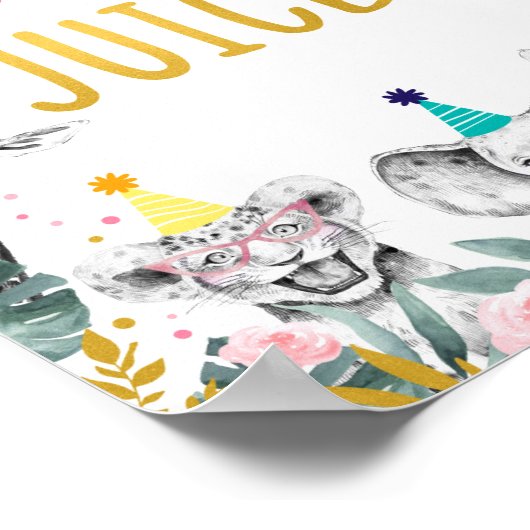 ジャングルジュースピンク金ゴールドパーティー動物誕生日標識 ポスター (角)