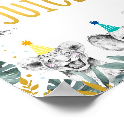 ジャングルジュースブルー金ゴールドパーティー動物誕生日標識 ポスター (角)