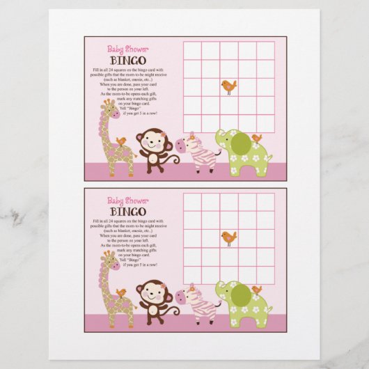 ジャングルジルの女の子の動物"ベビーシャワービンゴシート (正面)