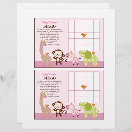 ジャングルジルの女の子の動物"ベビーシャワービンゴシート (正面/裏面)