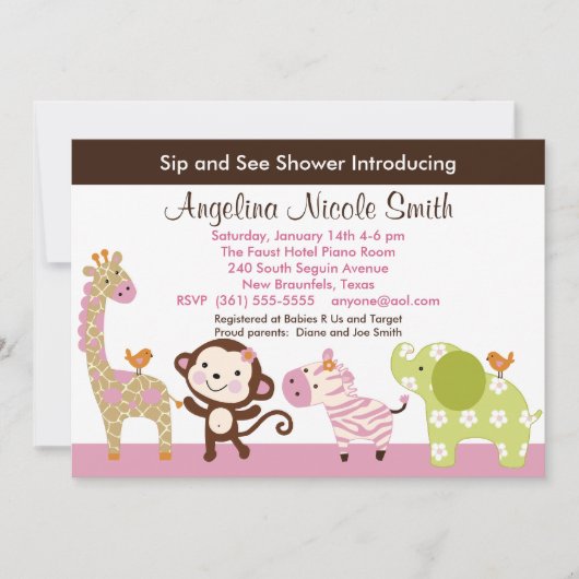 ジャングルジル/ガールアニマルズsip&シー招待状 招待状 (正面)