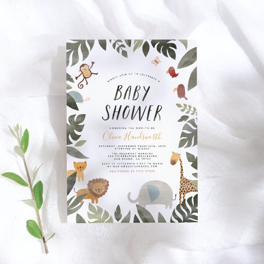 ジャングルストーリーブックイラストレーションボーイベビーシャワー 招待状