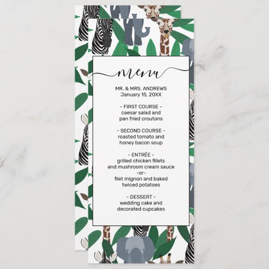 ジャングルゼブラゾウGiraffe Safari動物 メニュー (正面/裏面)