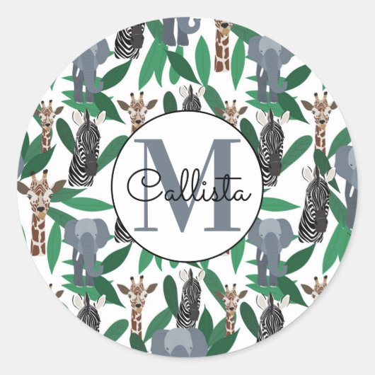 ジャングルゼブラゾウGiraffe Safari動物 ラウンドシール (正面)