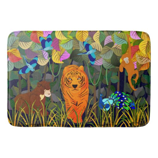 ジャングルタイガーサンベアーピーコックモンキーインディアンローラー バスマット (正面)