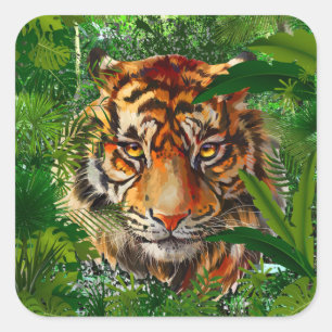 ジャングルタイガーステッカー カラフル Tiger Art スクエアシール