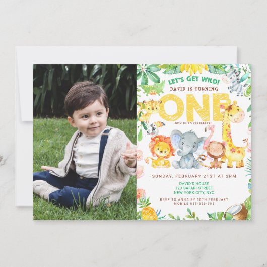 ジャングルテーマのサファリ1stバースデーボーイ写真 招待状 (正面)