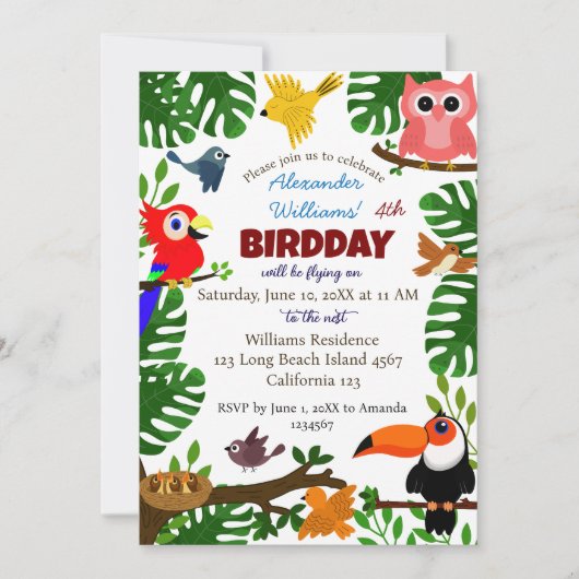 ジャングルトロピカルグリーンサマーキッズバード誕生日 招待状 (正面)