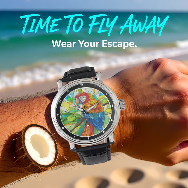 ジャングルハーモニー - ステンドグラスのパラロット 腕時計 (クリエイターアップロード済み)