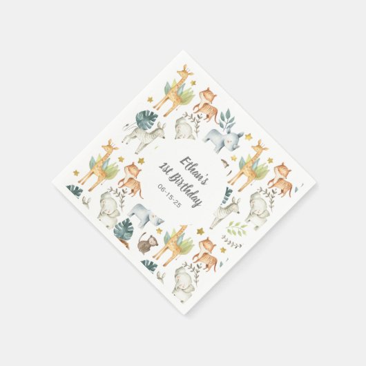 ジャングルパーソナライズされた動物の最初の誕生日パーティー スタンダードカクテルナプキン (角)