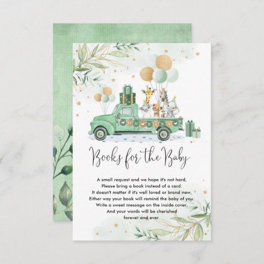 ジャングルパーティー動物緑の風船の本ベビー エンクロージャーカード (正面/裏面)