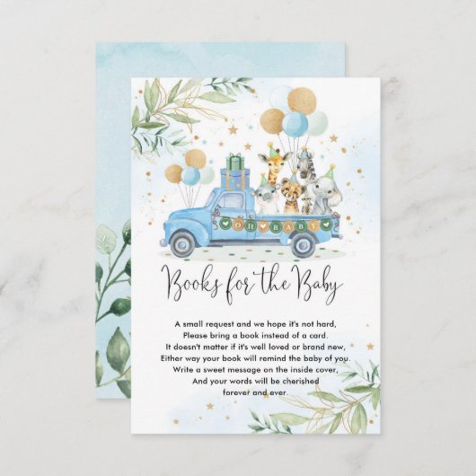 ジャングルパーティー動物青い風船の本ベビー エンクロージャーカード (正面/裏面)