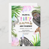 ジャングルパーティー動物4th誕生日パーティー 招待状 (正面/裏面)