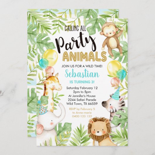 ジャングルパーティー招待状ジャングル誕生日 招待状 (正面/裏面)