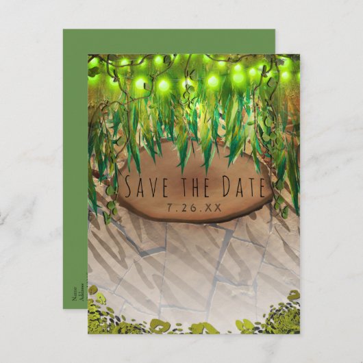 ジャングルパーティー 葉っぱ & アニマル プリント Save the Date 案内ポストカード (正面/裏面)