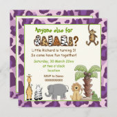 ジャングルパープルサファリ子供の誕生日パーティー 招待状 (正面/裏面)