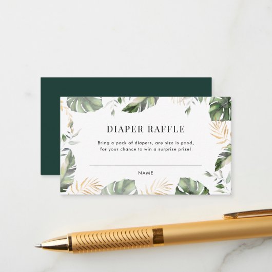 ジャングルパームガールベビーシャワーおむつラッフル エンクロージャーカード (正面/裏面インサイチュ)