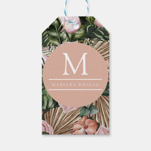 ジャングルパーム葉ズ熱帯雨林の花ピンク緑 ギフトタグ (正面)
