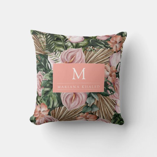 ジャングルパーム葉ズ熱帯雨林の花ピンク緑 クッション (正面)