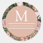 ジャングルパーム葉ズ熱帯雨林の花ピンク緑 ラウンドシール (正面)