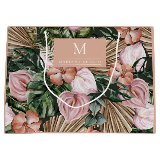 ジャングルパーム葉ズ熱帯雨林の花ピンク緑 ラージペーパーバッグ (正面)