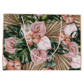 ジャングルパーム葉ズ熱帯雨林の花ピンク緑 ラージペーパーバッグ (裏面)