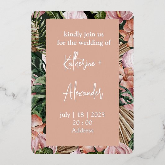 ジャングルパーム葉ズ熱帯雨林の花ピンク緑 箔招待状 (正面)
