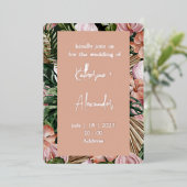 ジャングルパーム葉ズ熱帯雨林の花ピンク緑 箔招待状 (立ち正面)