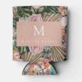 ジャングルパーム葉ズ熱帯雨林の花ピンク緑 缶クーラー (正面)