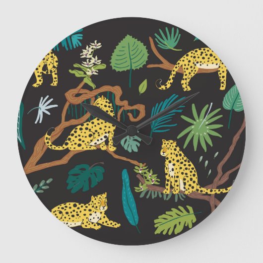 ジャングルヒョウ:ヴィンテージ野生動物のイラスト ラージ壁時計 (正面)