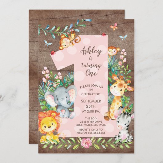 ジャングルビッグワンガールズ誕生日招待状 招待状 (正面/裏面)