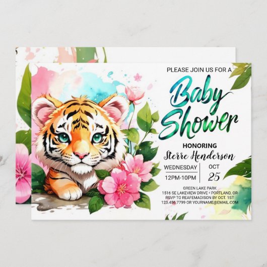 ジャングルビーブピンクタイガーテーマベビーシャワー 招待状 (正面/裏面)