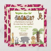ジャングルピンクサファリ子供の誕生日パーティー 招待状 (正面/裏面)