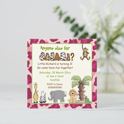 ジャングルピンクサファリ子供の誕生日パーティー 招待状 (スタンド正面)