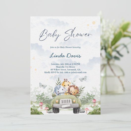 ジャングルフレンズ車の赤ちゃんシャワーを運転 招待状 (スタンド正面)