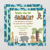 ジャングルブルー動物サファリ子供の誕生日パーティー 招待状 (正面/裏面)