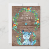 ジャングルブルー素朴ライノセロス男の子ベイビーシャワー 招待状 (正面)