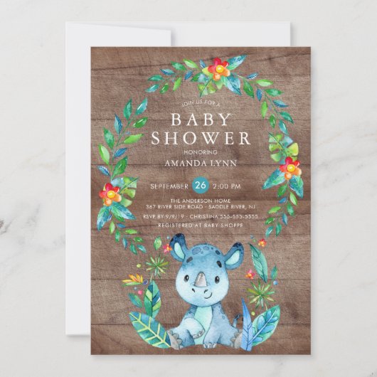 ジャングルブルー素朴ライノセロス男の子ベイビーシャワー 招待状 (正面)