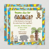 ジャングルブルー,イエローサファリ子供の誕生日パーティー 招待状 (正面/裏面)