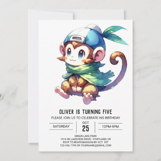 ジャングルプリンタブルモンキー誕生日 招待状 (正面)