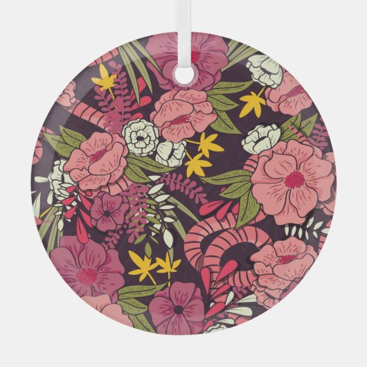 ジャングルヘビ、熱帯花、ヴィンテージ柄。 ガラスオーナメント (正面)