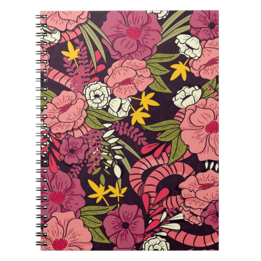 ジャングルヘビ、熱帯花、ヴィンテージ柄。 ノートブック (正面)