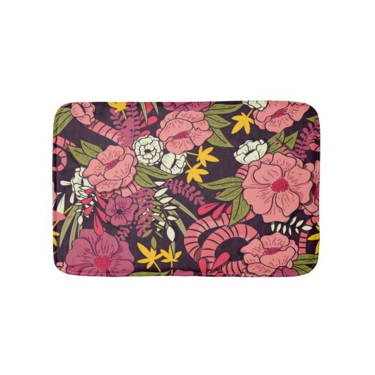 ジャングルヘビ、熱帯花、ヴィンテージ柄。 バスマット (正面)