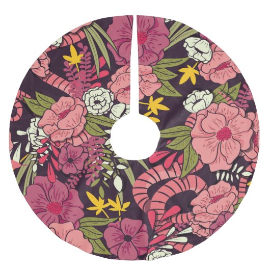 ジャングルヘビ、熱帯花、ヴィンテージ柄。 ブラッシュドポリエステルツリースカート (正面)