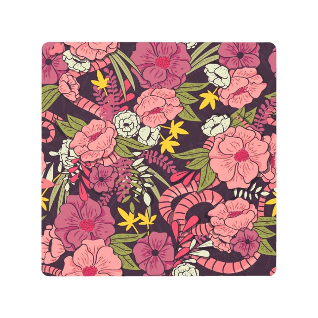 ジャングルヘビ、熱帯花、ヴィンテージ柄。 メタルプリント (正面)