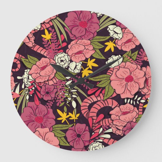 ジャングルヘビ、熱帯花、ヴィンテージ柄。 ラージ壁時計 (正面)