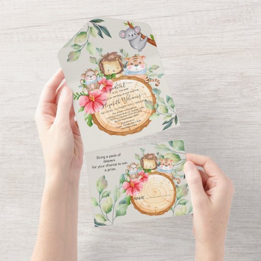 ジャングルベビーアニマルズシャワーグリーンリーサファリ オールインワン招待状 (貼ってはがせる)