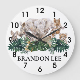 ジャングルベビーサファリアフリカゾウパーソナライズされた ラージ壁時計