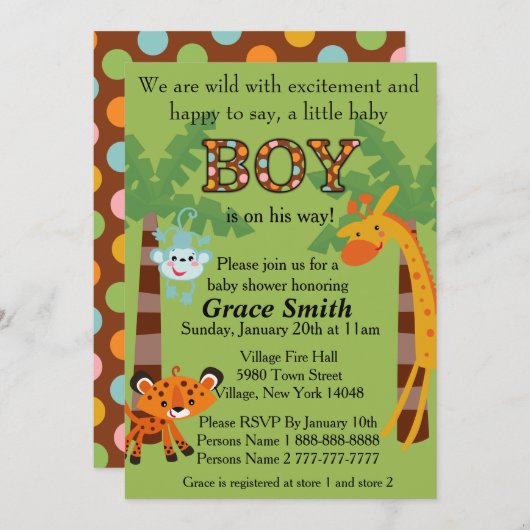 ジャングルベビーシャワー招待状"男の子" 招待状 (正面/裏面)