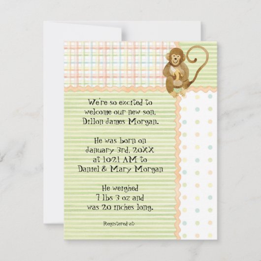 ジャングルベビー、少年ベビー誕生のお知らせ3 招待状 (正面)